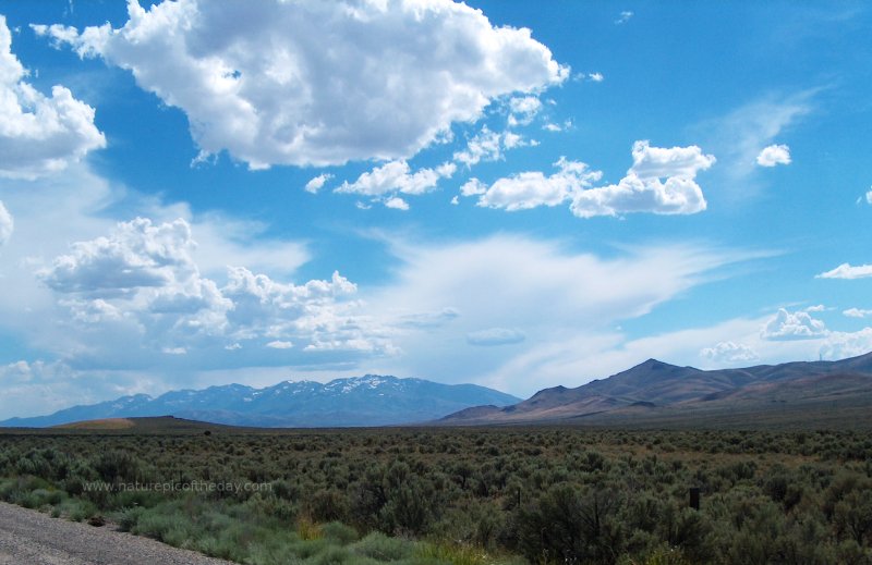 Blue sky and clouds in northern Nevada or southern Oregon.