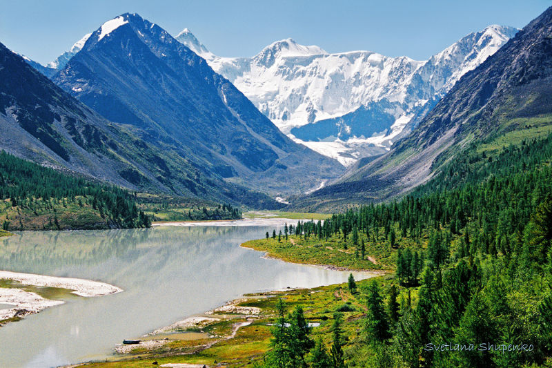 Lake Akkem under Belucha mountain in Altai Republic, Russia. Nature picture.