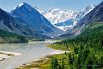 Lake Akkem under Belucha mountain in Altai Republic, Russia. Nature picture.