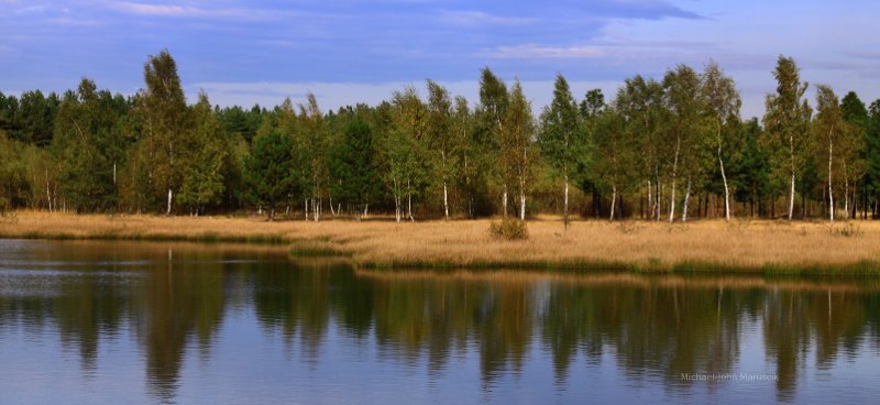 Beautiful meadow, lake, canoe, kayak, nature picture.