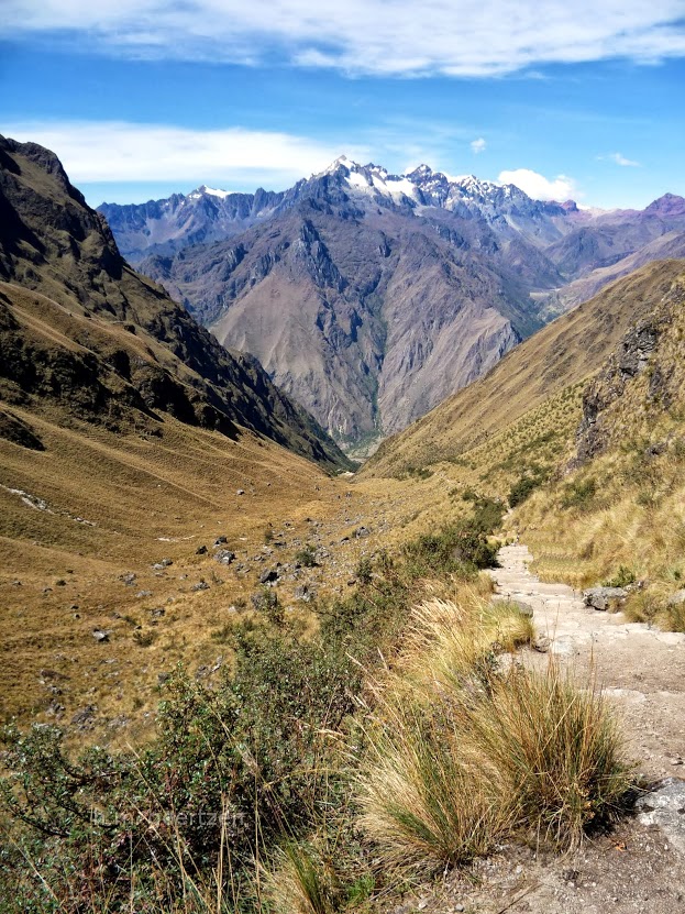 Hiking to Machu Picchu with the Andes in the background