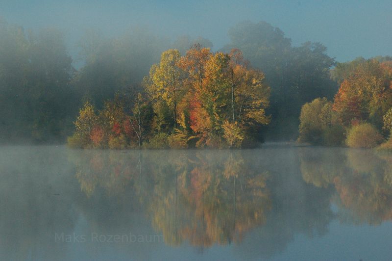 mist covered pond in the fall